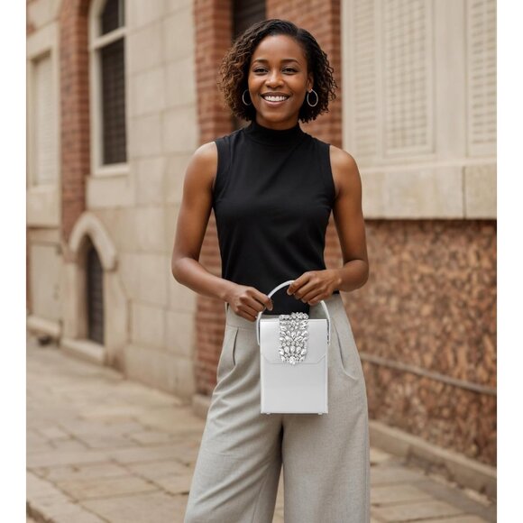 ⚡Women's Evening Rhinestone Box Detachable Chain Strap Silver Crystal Clutch Bag - Picture 1 of 6